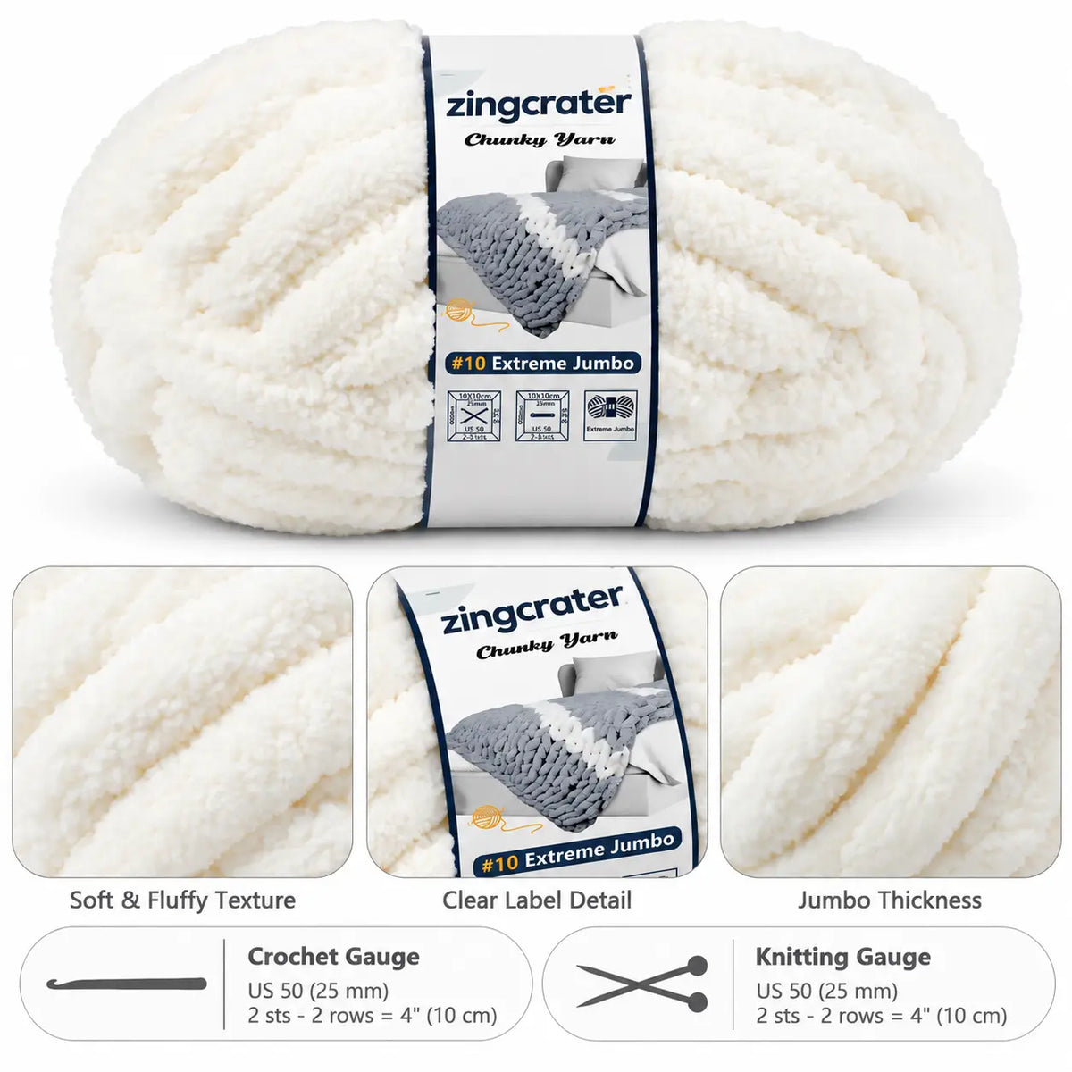 ZINGCRATER #10 extreme jumbo chunky yarn with soft fluffy texture and thick strands for crochet and hand knitting projects