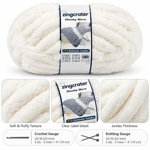 ZINGCRATER #10 extreme jumbo chunky yarn with soft fluffy texture and thick strands for crochet and hand knitting projects
