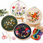 ZINGCRATER floral hand embroidery kit featuring four colorful flower patterns with hoop, threads and embroidery tools