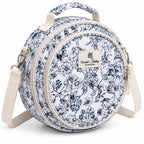 45-degree view of ZINGCRATER Garden Harvest embroidery project bag showing the quilted floral exterior, front compartment and shoulder strap