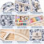 Detail view of ZINGCRATER Garden Harvest embroidery project bag showing reinforced handle, double zippers, quilted fabric, mesh pockets and hoop storage