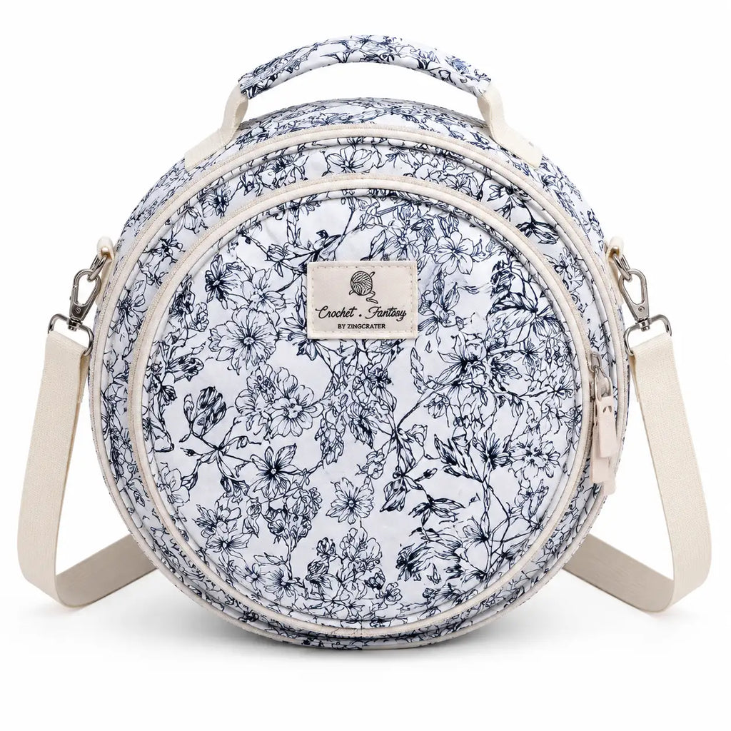Front view of ZINGCRATER Garden Harvest embroidery project bag with round quilted design, top handle and adjustable shoulder strap