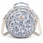 Front view of ZINGCRATER Garden Harvest embroidery project bag with round quilted design, top handle and adjustable shoulder strap