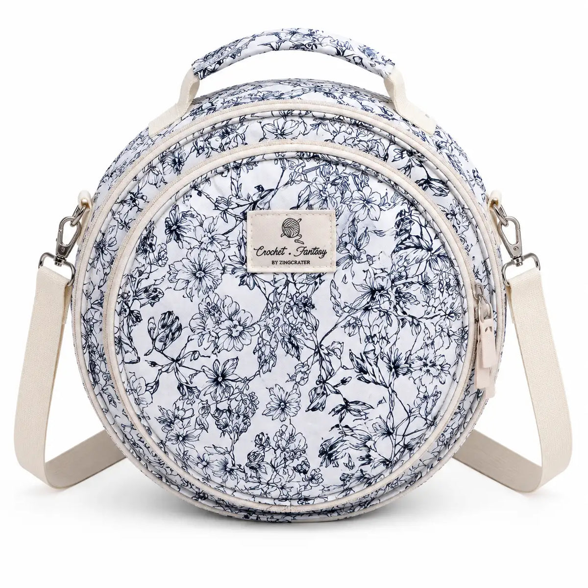 Front view of ZINGCRATER Garden Harvest embroidery project bag with round quilted design, top handle and adjustable shoulder strap