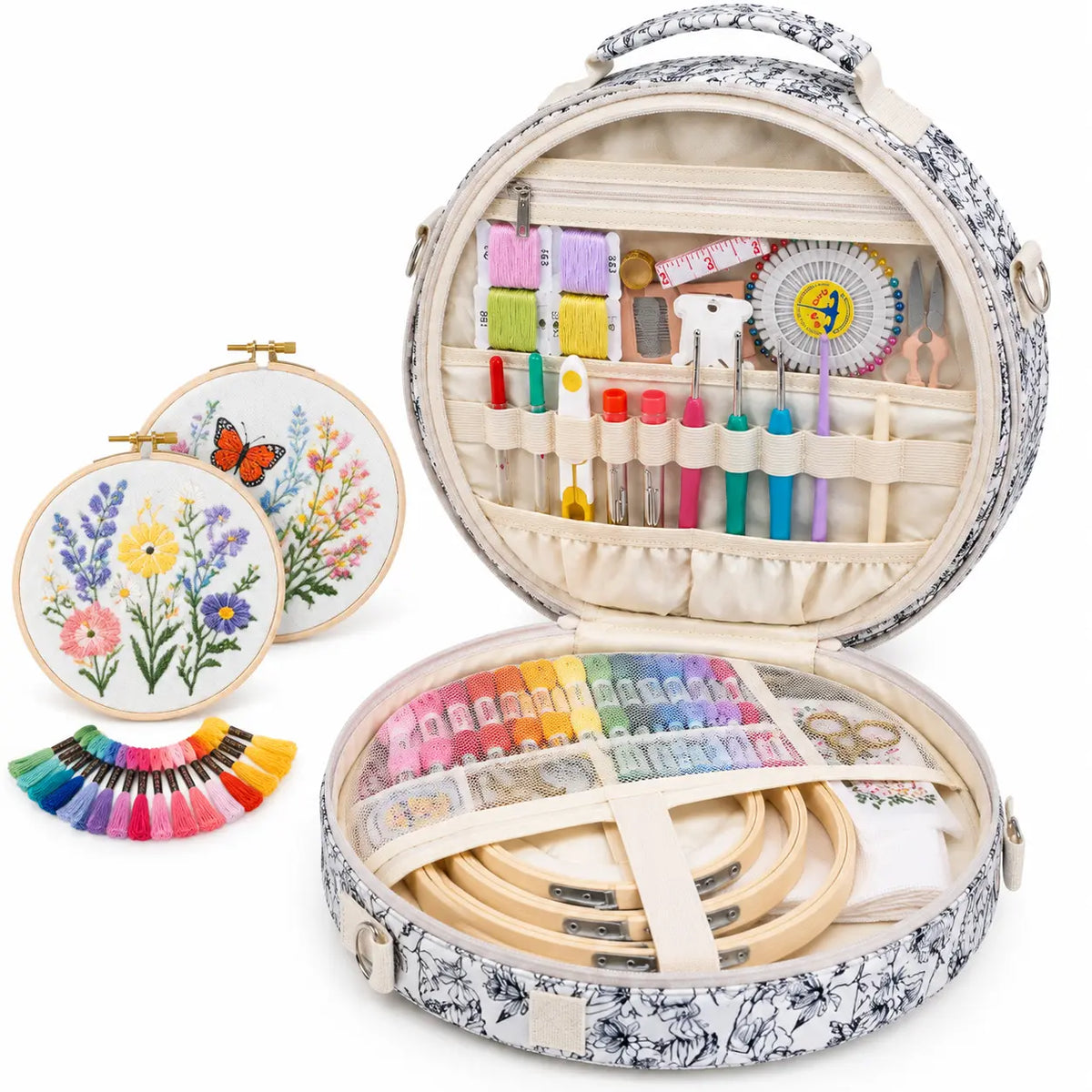 Interior storage view of ZINGCRATER Garden Harvest embroidery project bag with elastic tool holders, mesh pockets and secure embroidery hoop storage