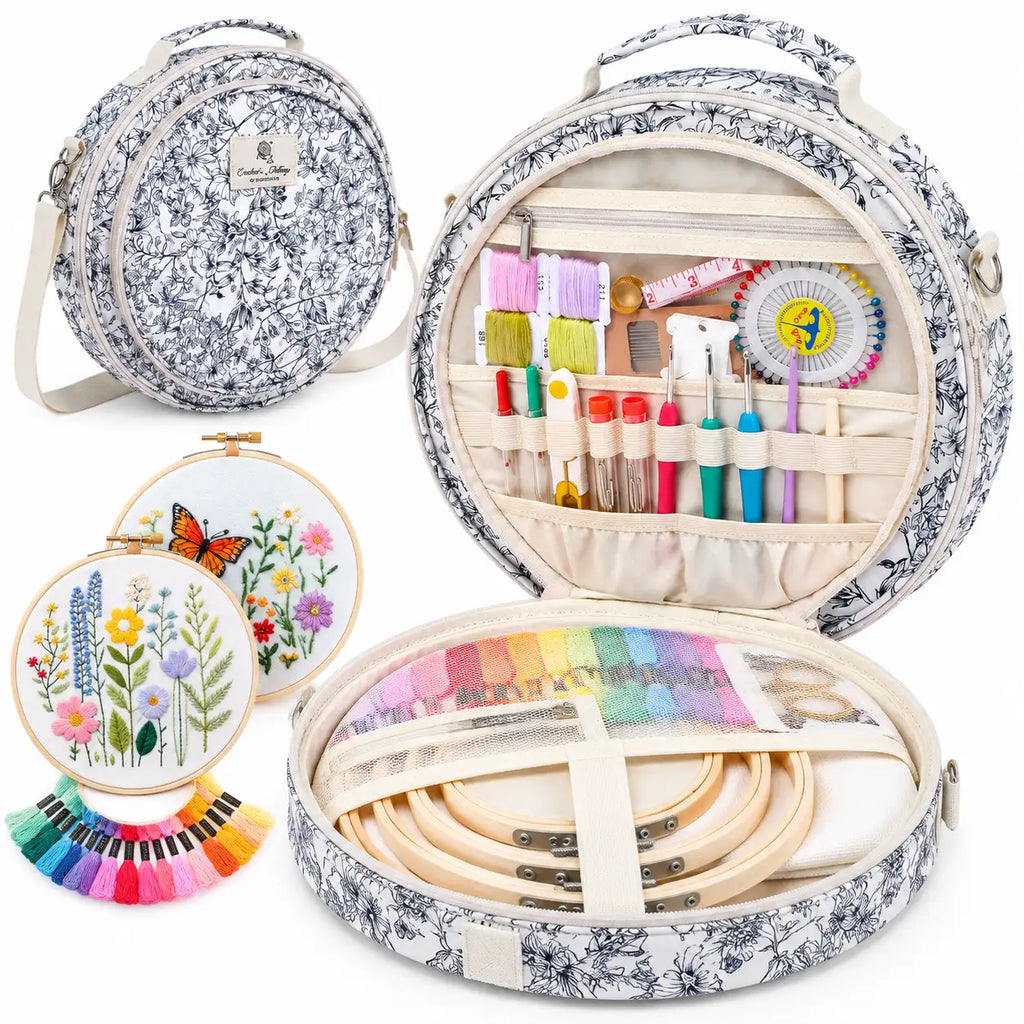 Open storage view of ZINGCRATER Garden Harvest embroidery project bag with compartments for embroidery hoops, floss and craft accessories