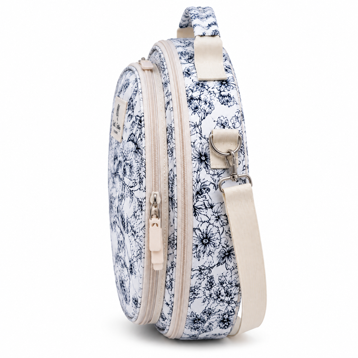 Side view of ZINGCRATER Garden Harvest embroidery project bag showing dual zippered compartments, top handle and detachable shoulder strap