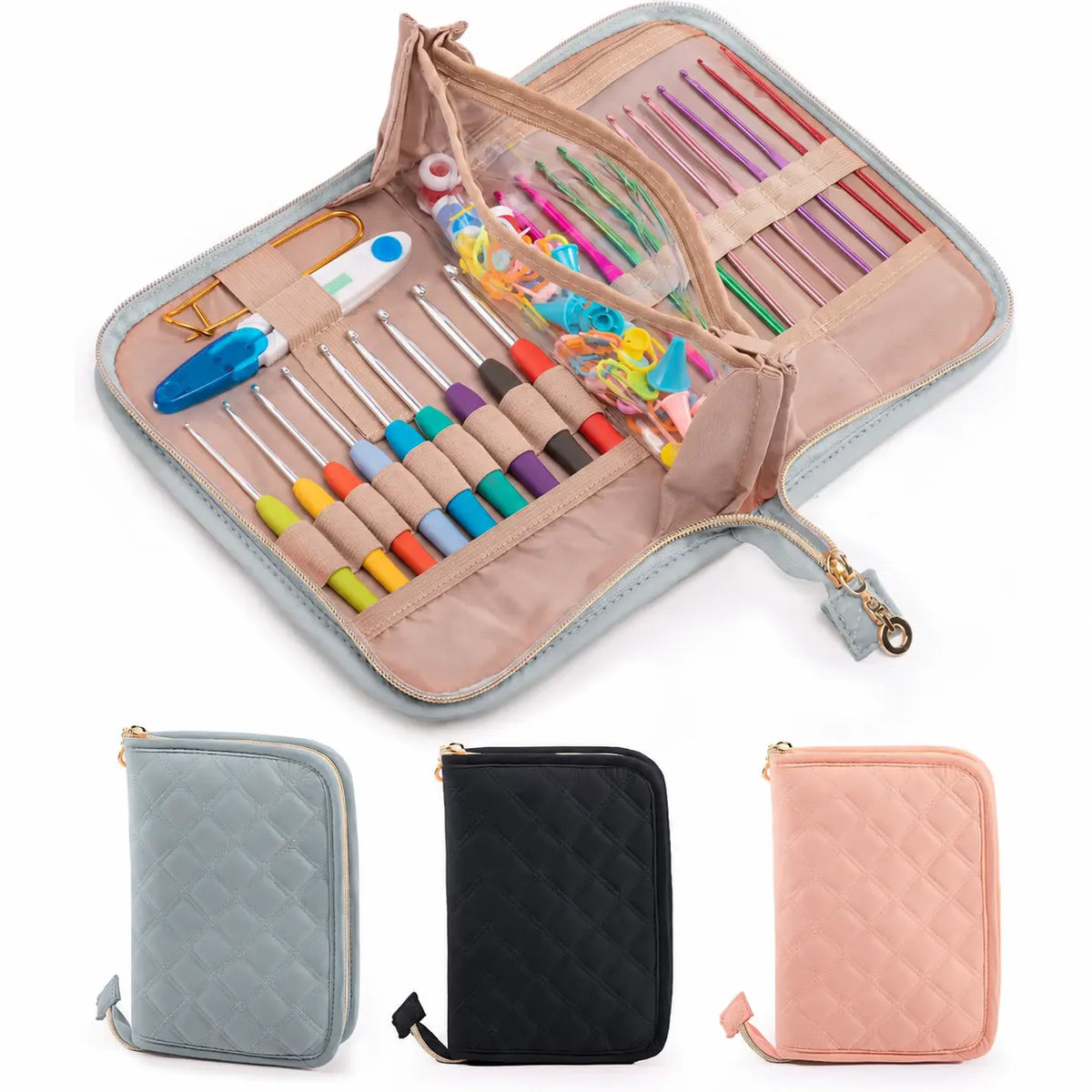 Interior view of ZINGCRATER grey quilted crochet hook case with crochet hooks and accessories organized in elastic slots and clear pockets