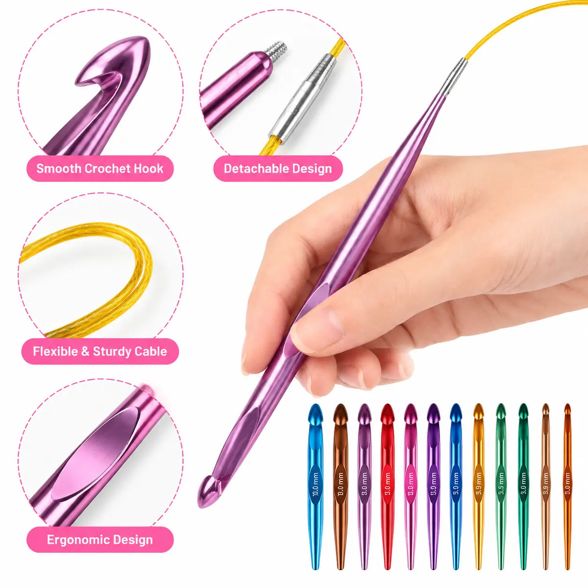 ZINGCRATER interchangeable Tunisian crochet hooks with detachable cable, smooth hook tip and ergonomic grip