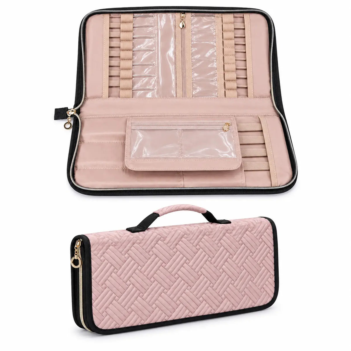 ZINGCRATER pink knitting needle case shown open and closed with storage loops and clear pockets