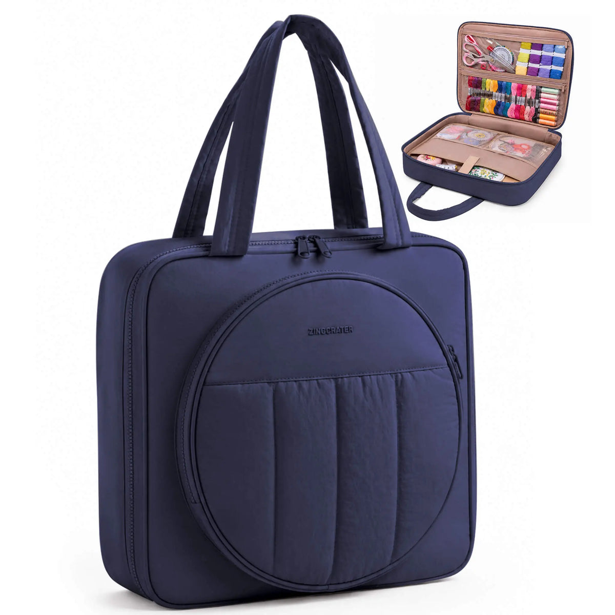 Zingcrater navy embroidery storage bag with handles and organized compartments for needlework supplies