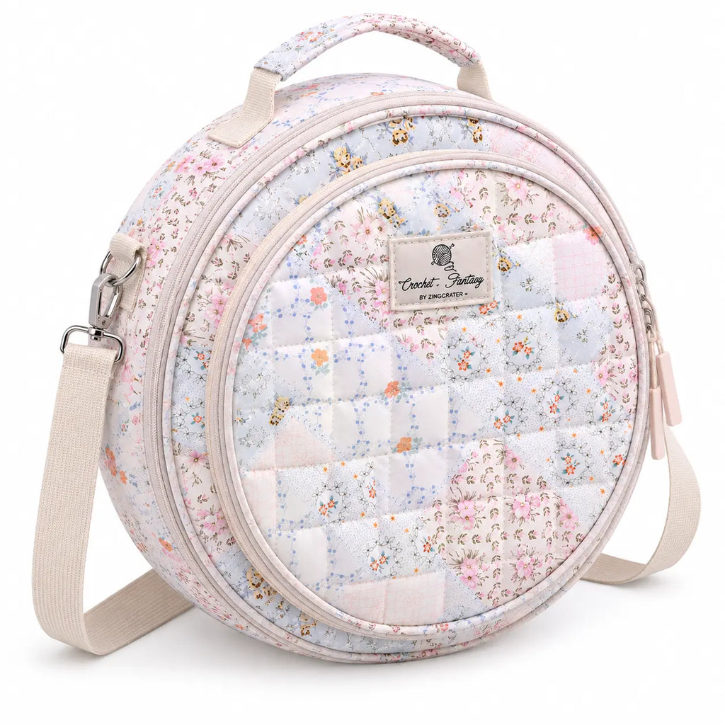 45-degree view of ZINGCRATER Patchwork embroidery project bag showing the quilted exterior, front compartment and shoulder strap