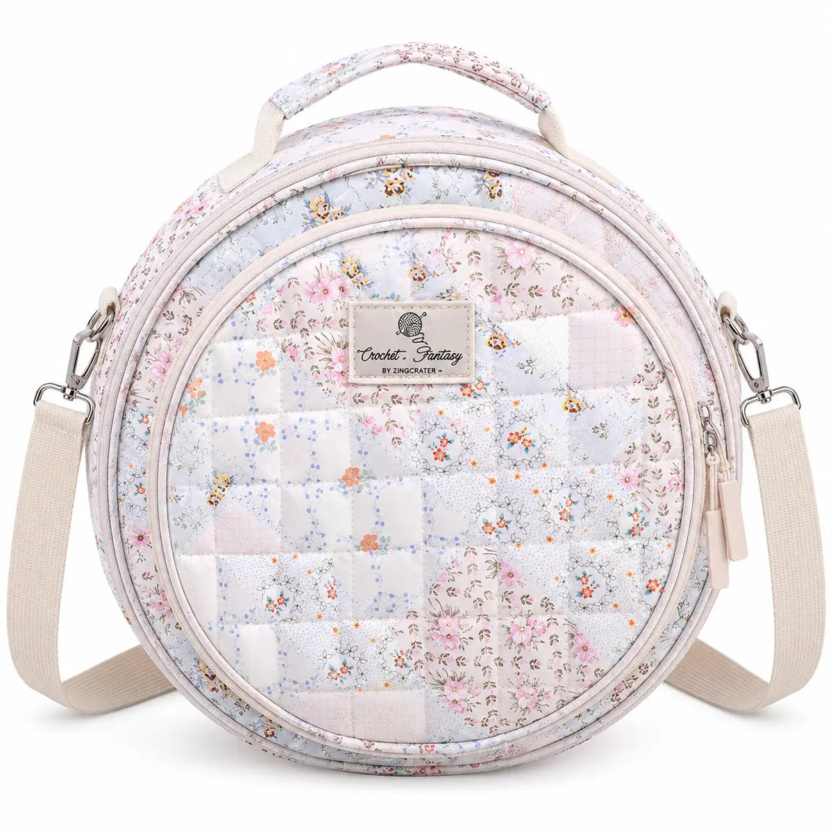Front view of ZINGCRATER Patchwork embroidery project bag with quilted round design, top handle and adjustable shoulder strap