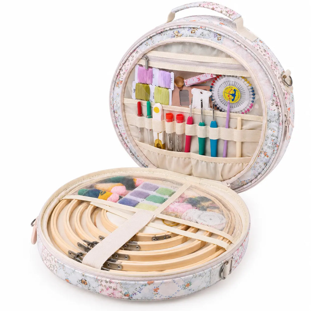 Interior view of ZINGCRATER Patchwork embroidery project bag with mesh pockets, elastic tool slots and embroidery hoop storage