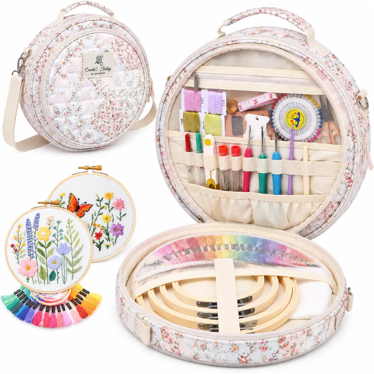 Open storage view of ZINGCRATER Patchwork embroidery project bag with compartments for hoops, floss and embroidery accessories