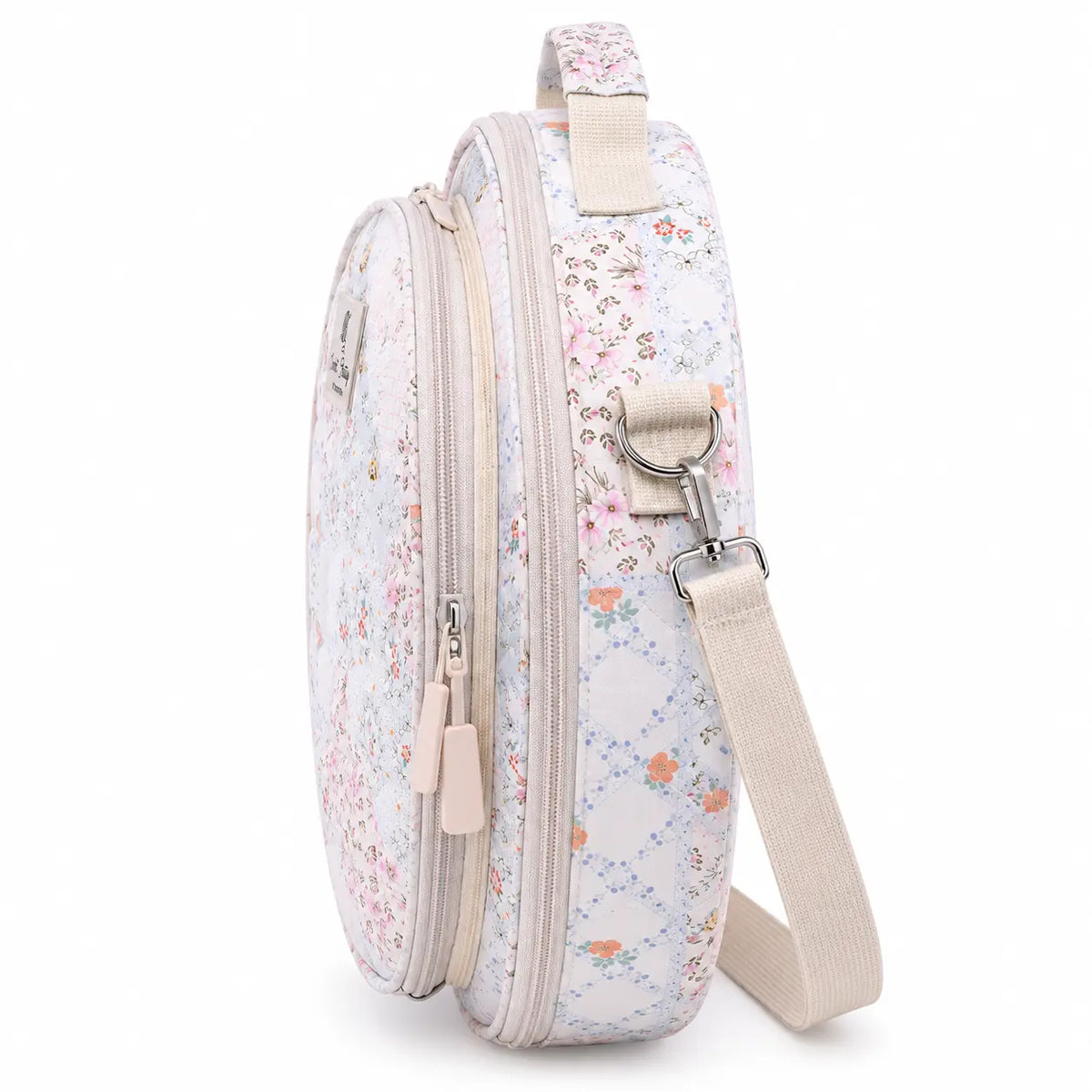 Side view of ZINGCRATER Patchwork embroidery project bag showing dual compartments, zippers and detachable shoulder strap