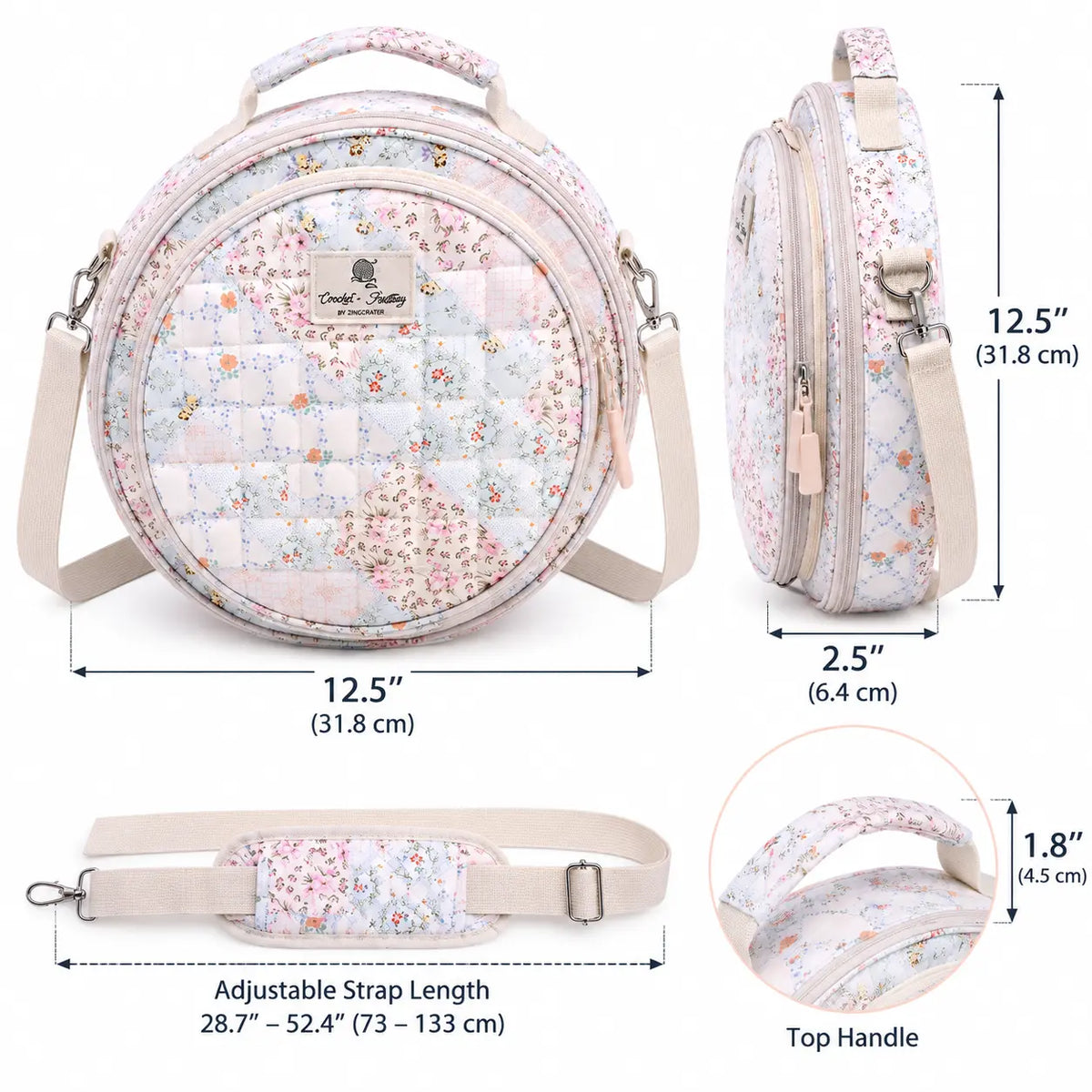 Size and dimensions view of ZINGCRATER Patchwork embroidery project bag measuring 12.5 x 12.5 x 2.5 inches