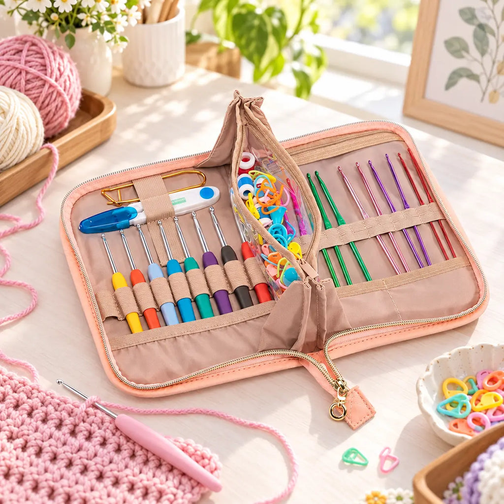 ZINGCRATER pink crochet hook case on a crafting table with organized crochet supplies