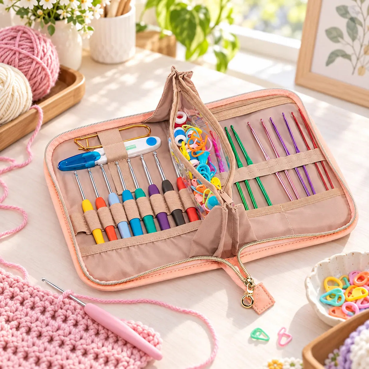 ZINGCRATER pink crochet hook case on a crafting table with organized crochet supplies
