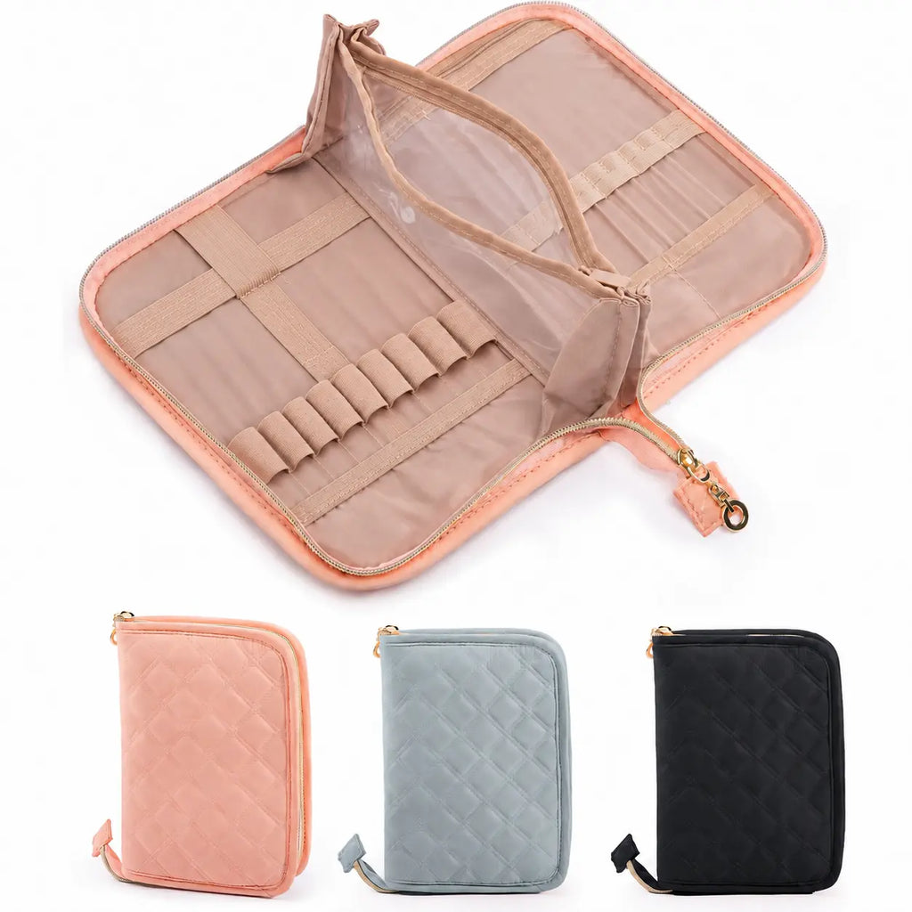Open ZINGCRATER pink crochet hook organizer with elastic slots and clear zippered pockets
