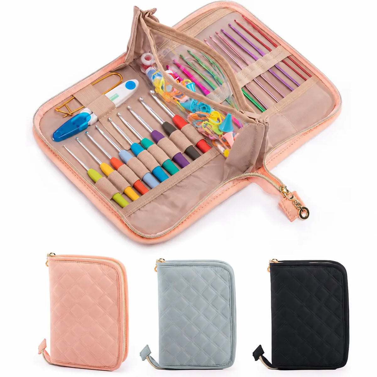 ZINGCRATER pink crochet hook organizer with elastic hook slots and accessory pockets