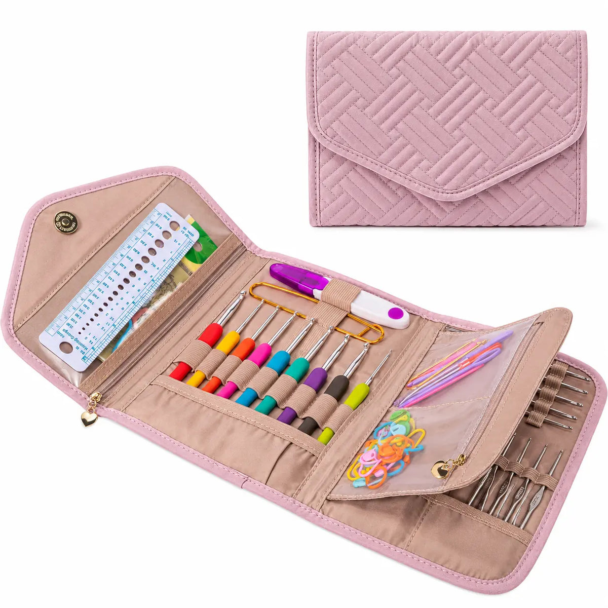 ZINGCRATER pink crochet hook storage case with organized compartments for crochet tools and accessories