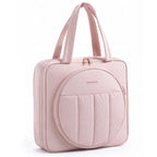 Front view of the Zingcrater pink embroidery organizer case with carrying handles and a zippered hoop pocket