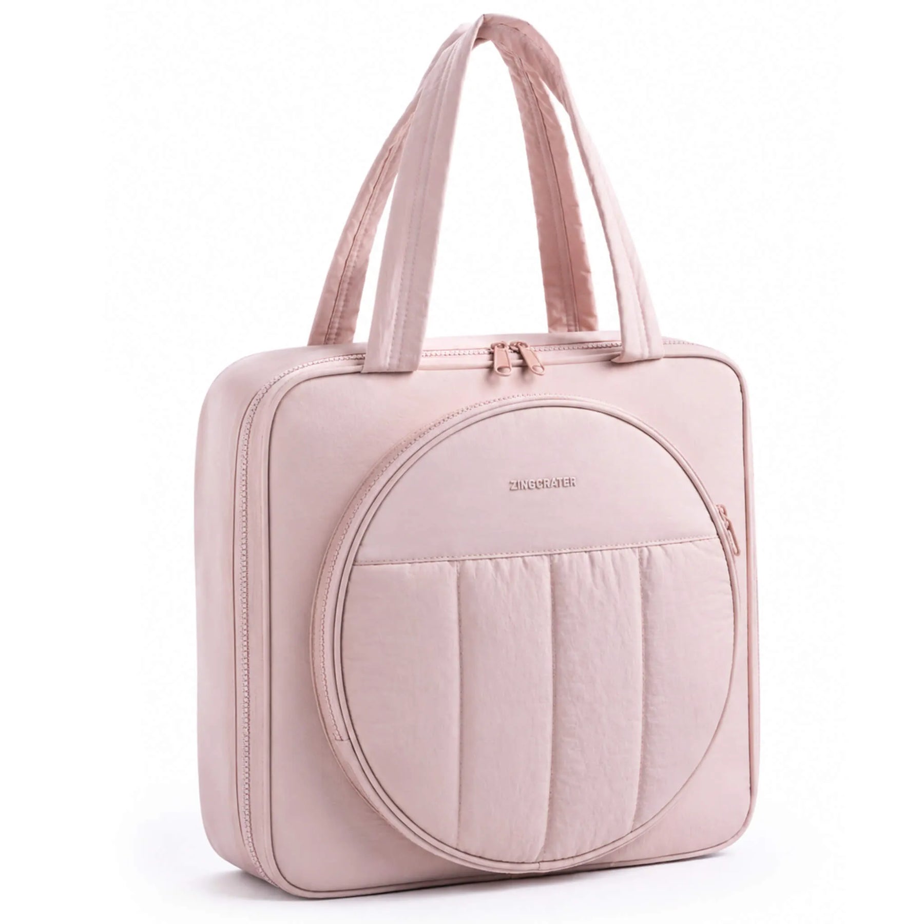 Front view of the Zingcrater pink embroidery organizer case with carrying handles and a zippered hoop pocket