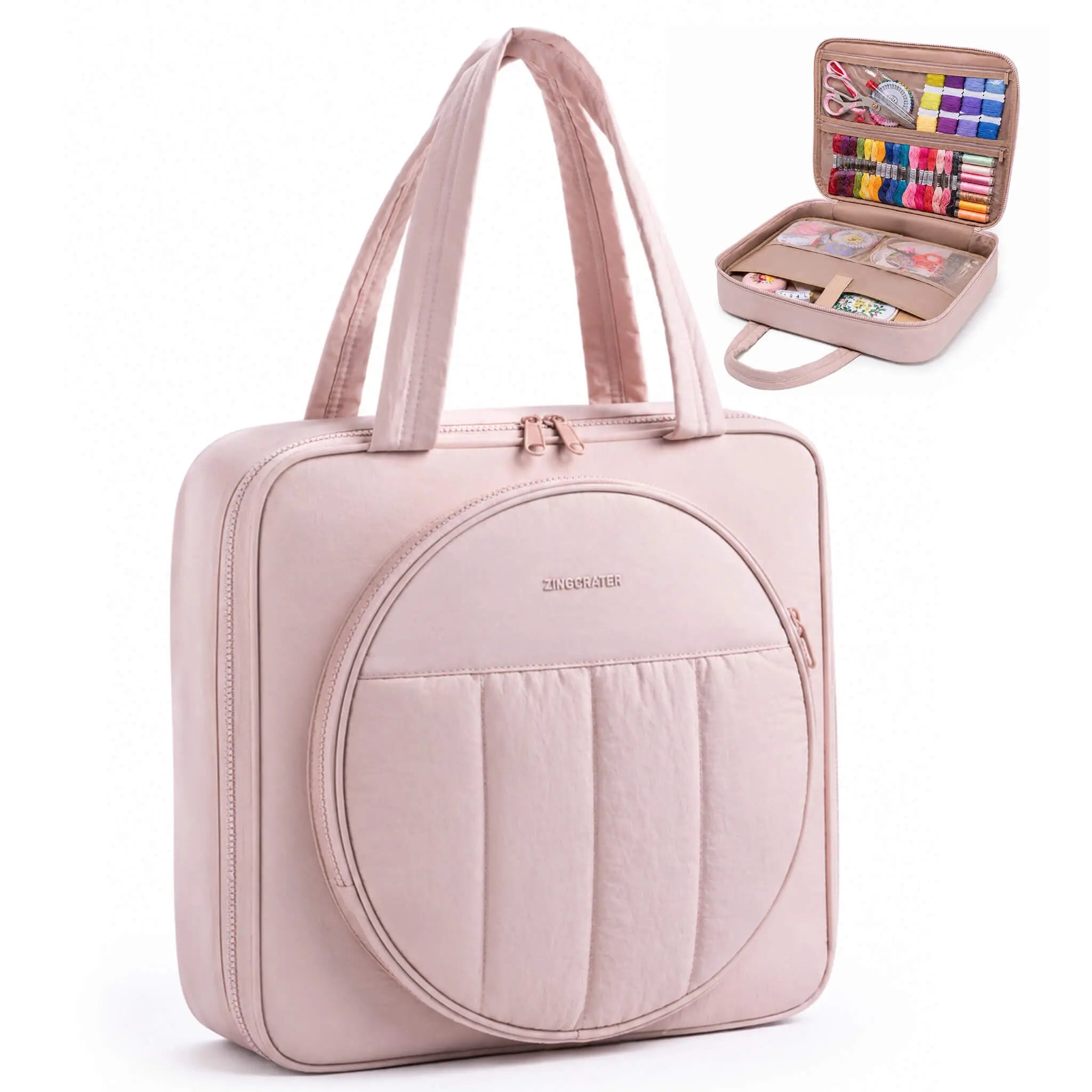 Zingcrater pink embroidery storage bag with organized compartments for floss, hoops, scissors, and sewing supplies