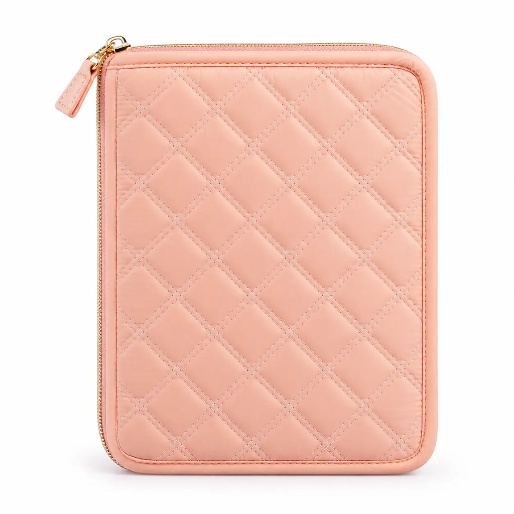 Back view of ZINGCRATER pink quilted crochet hook case with padded exterior