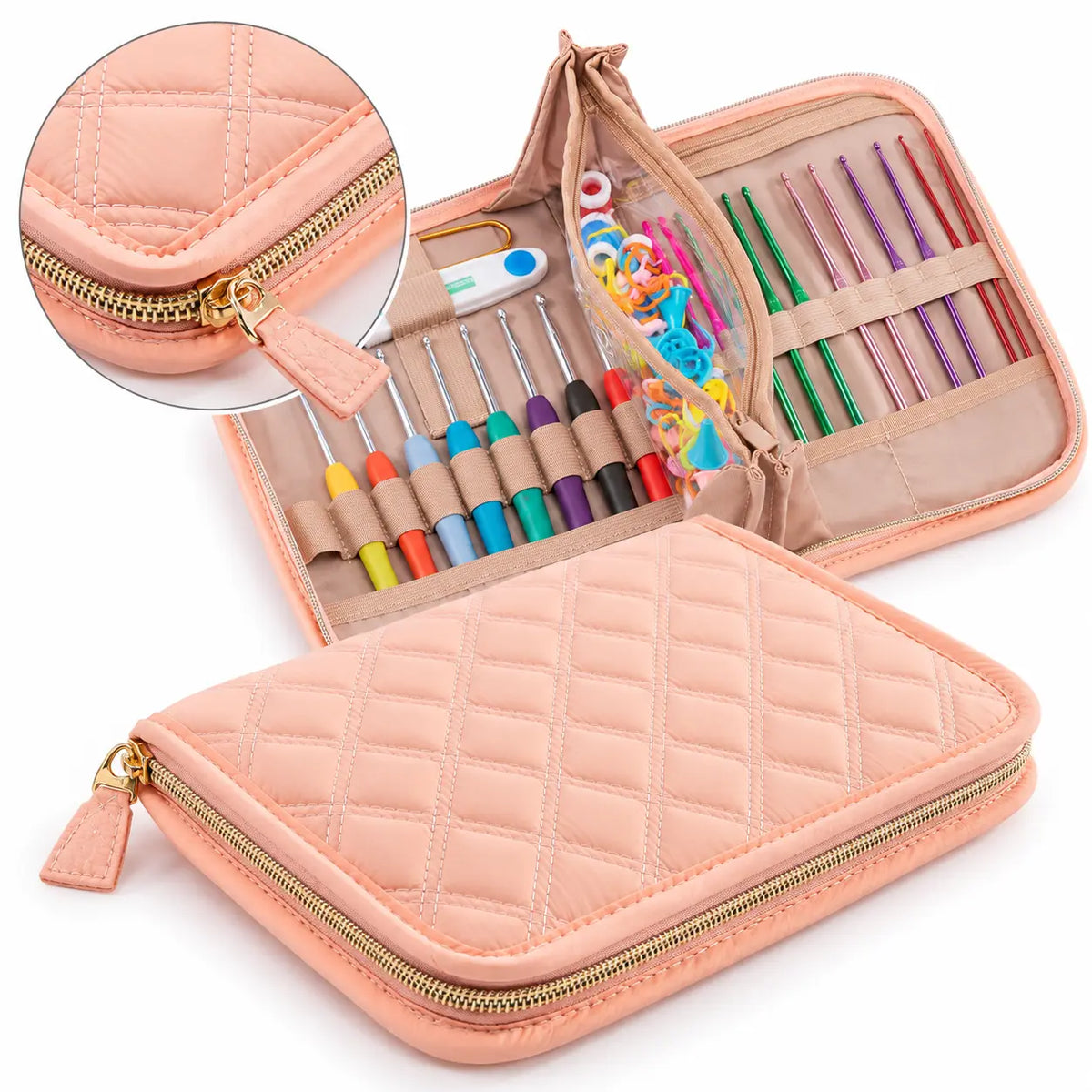 ZINGCRATER pink quilted crochet hook case with gold zipper, elastic slots and organized storage