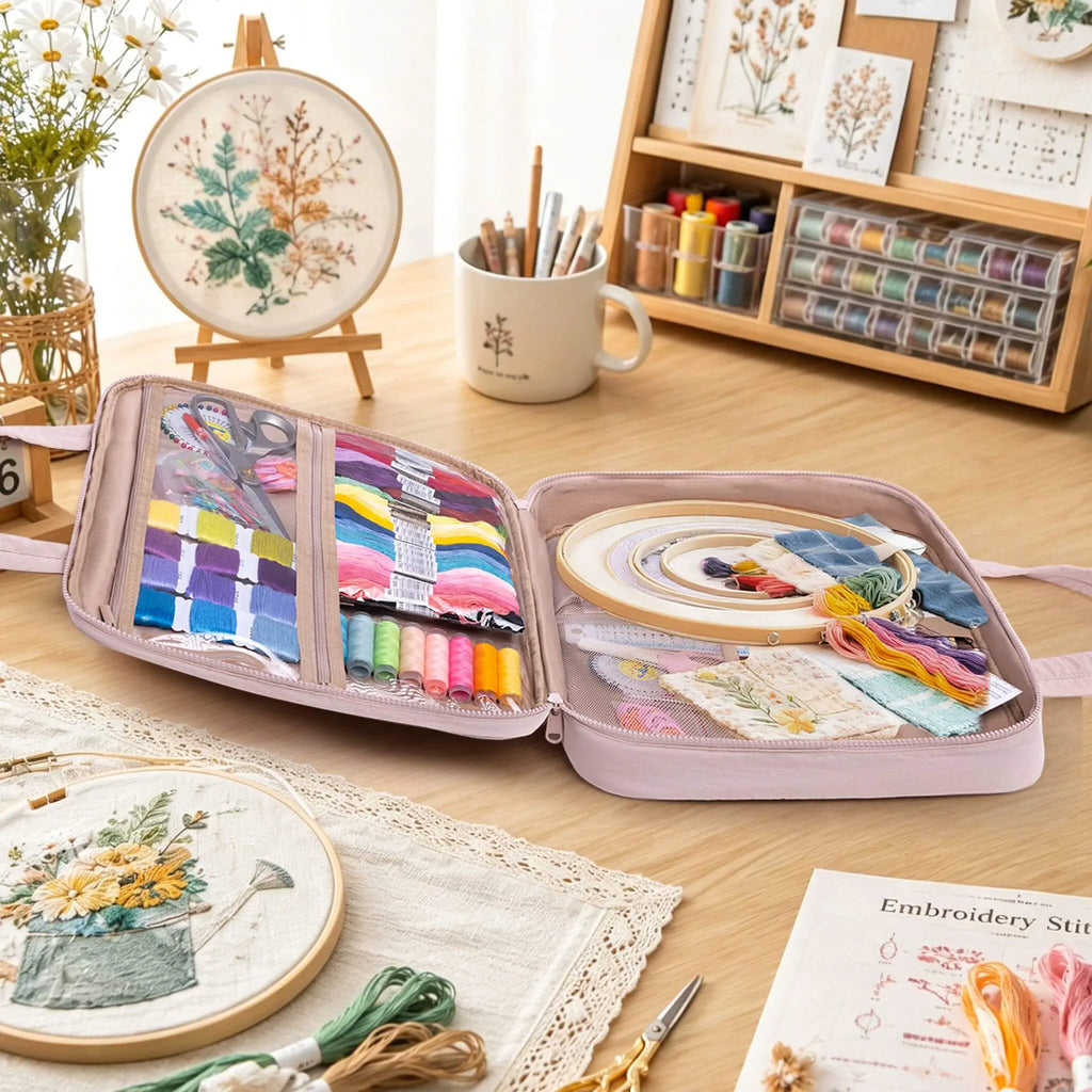 Open Zingcrater portable embroidery project bag organizing hoops, colorful floss, patterns, and needlework tools