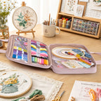 Open Zingcrater portable embroidery project bag organizing hoops, colorful floss, patterns, and needlework tools