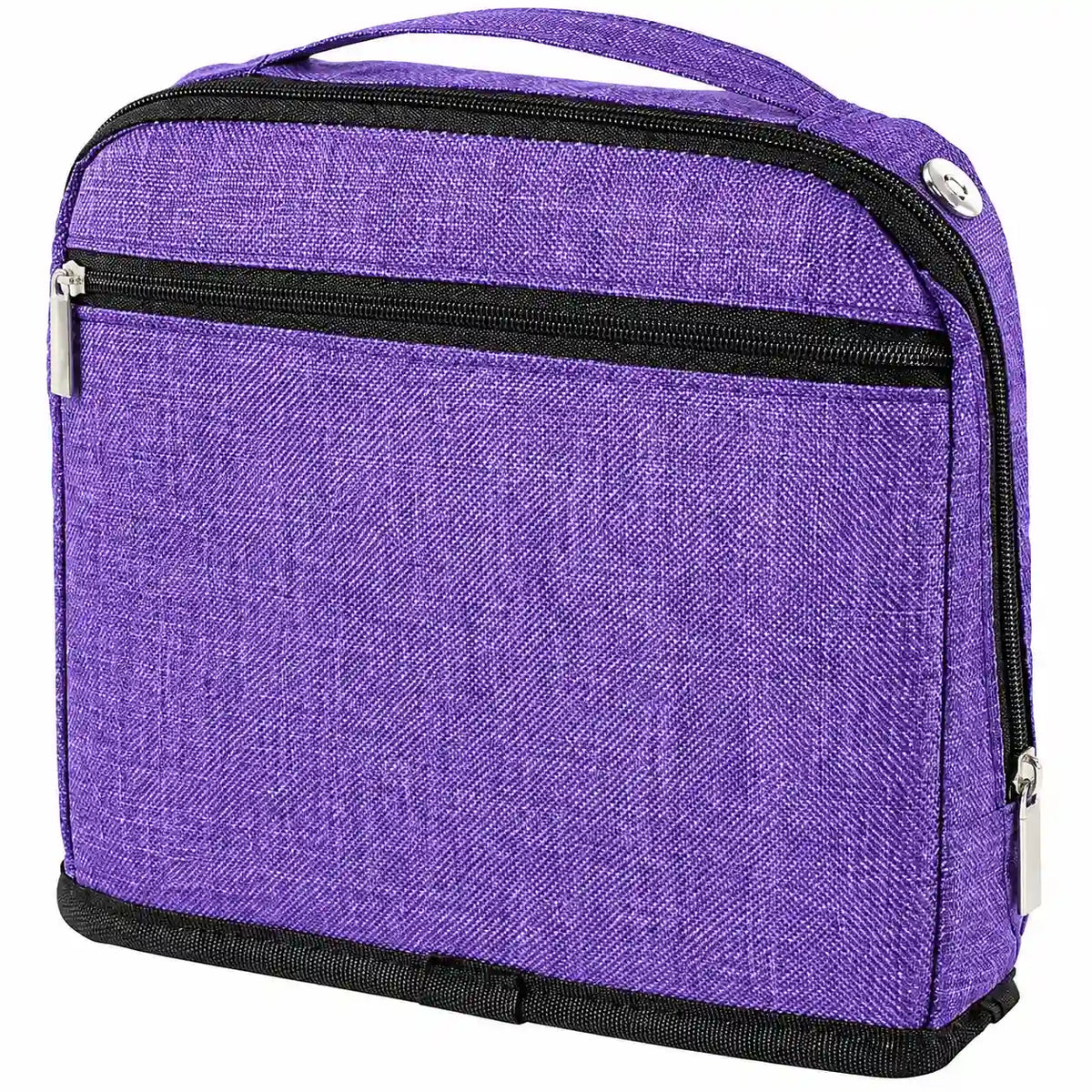 Back view of ZINGCRATER purple crochet hook case with exterior zippered pocket for small crochet accessories
