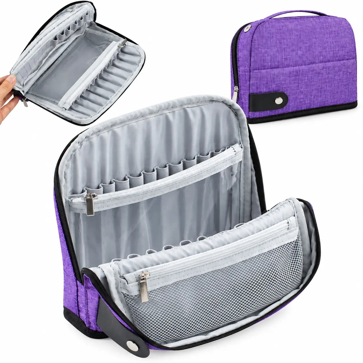 Open ZINGCRATER purple crochet hook case showing empty hook slots, clear zipper pocket and mesh storage pocket