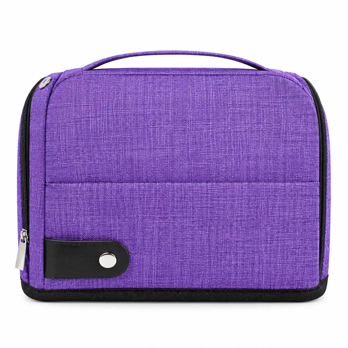 Front view of ZINGCRATER purple crochet hook case with carrying handle, zip-around closure and front storage pocket