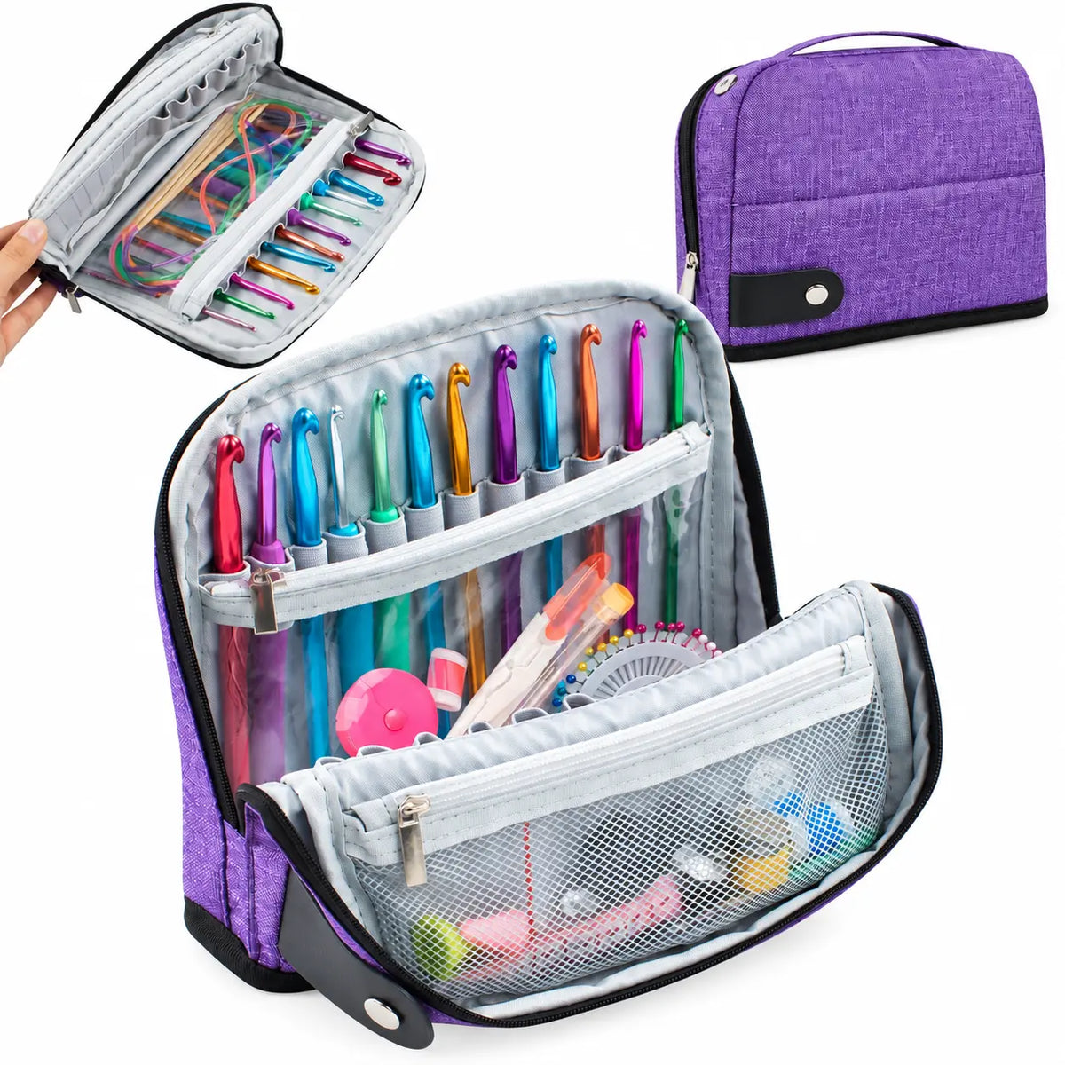 ZINGCRATER purple crochet hook organizer case with multiple slots and zippered pockets for storing crochet hooks and accessories, accessories not included