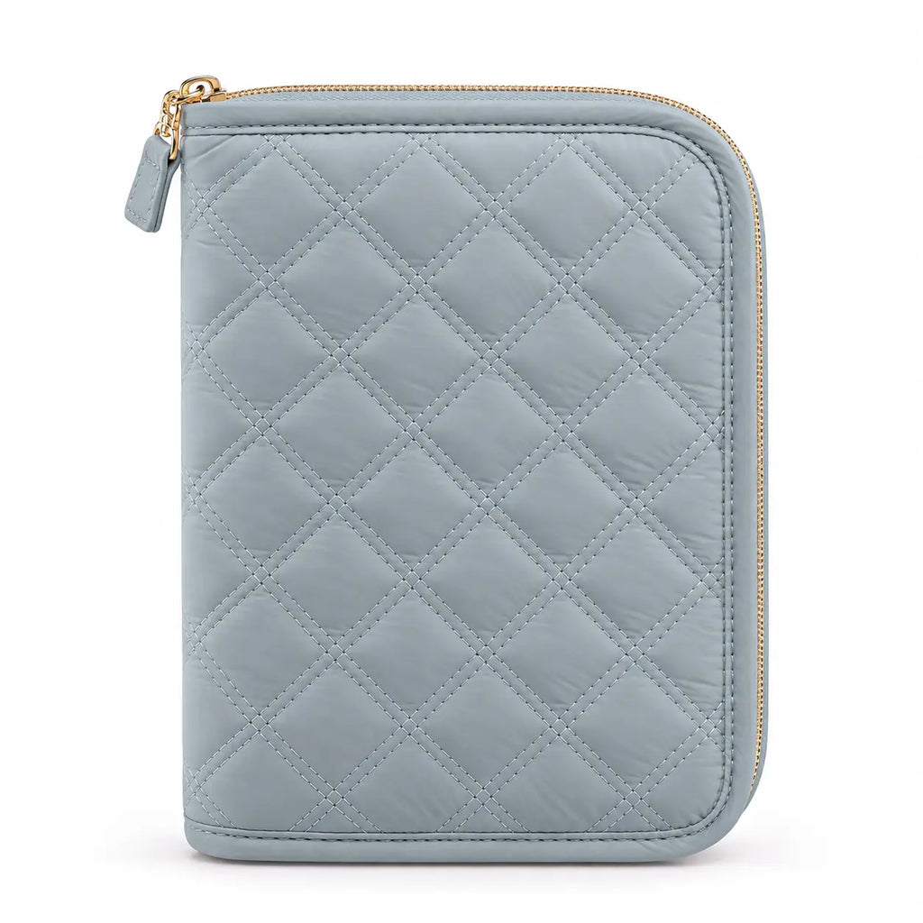Back view of ZINGCRATER gray blue quilted crochet hook case with soft padded exterior
