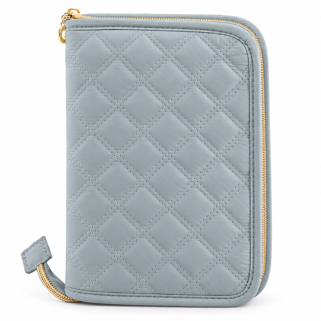 ZINGCRATER gray blue quilted crochet hook case with gold zipper for organized craft storage