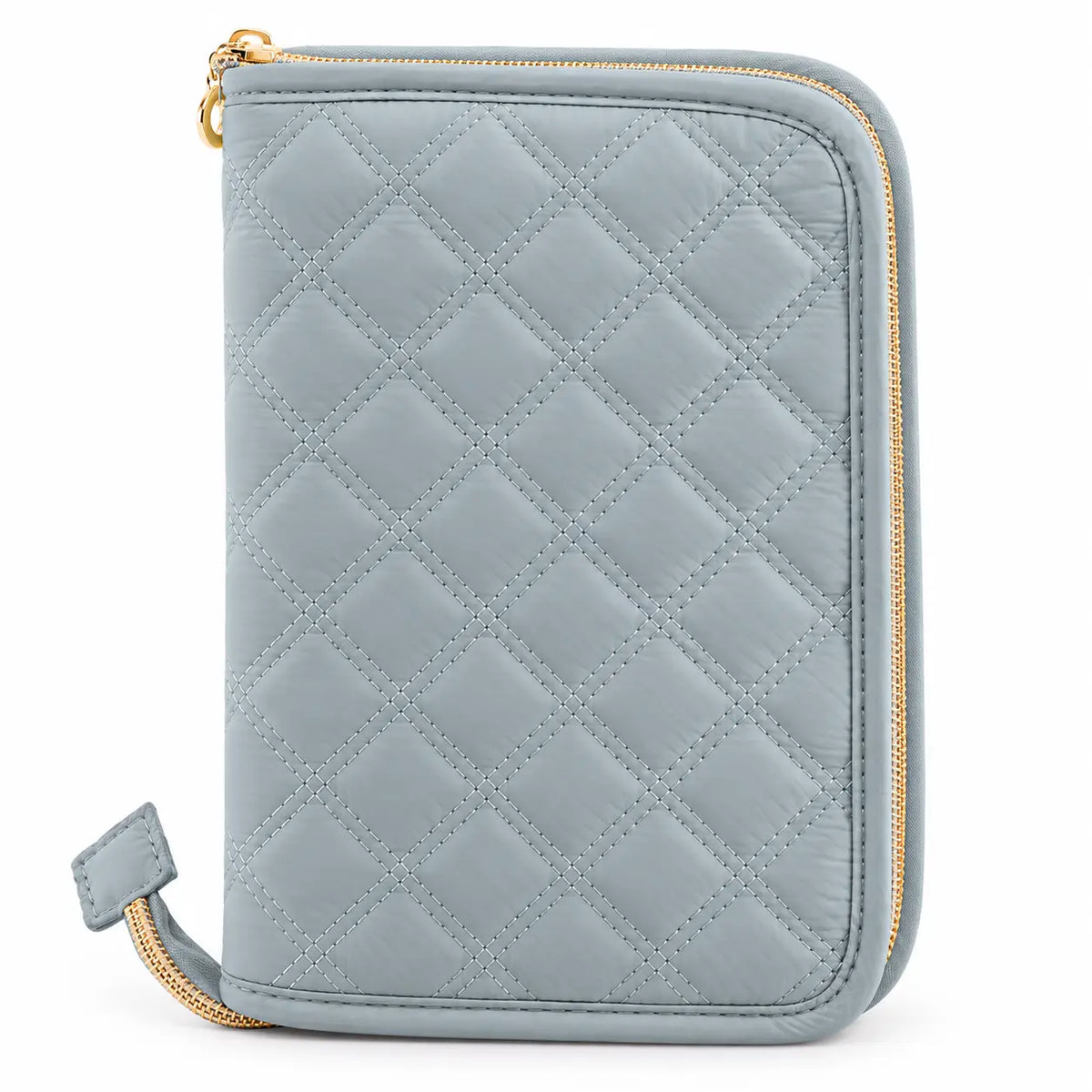 ZINGCRATER gray blue quilted crochet hook case with gold zipper for organized craft storage