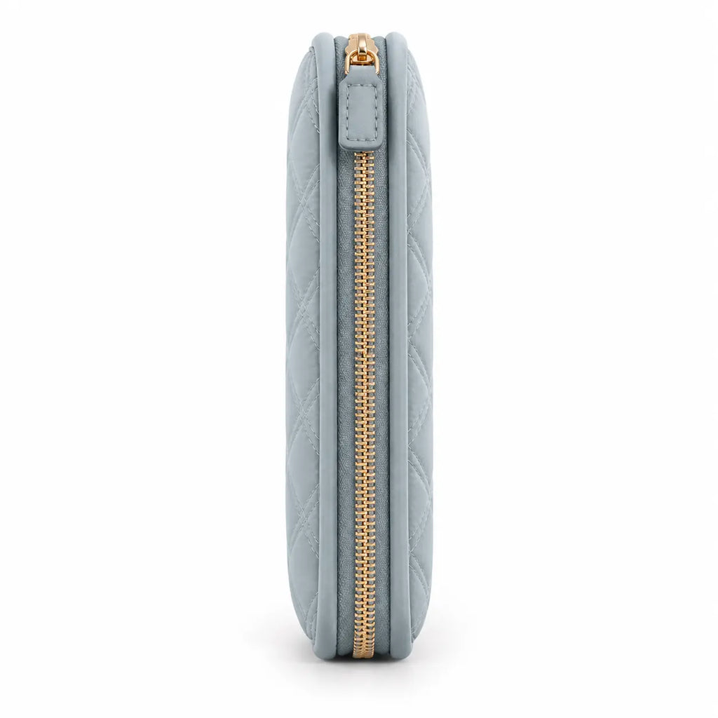 Side view of ZINGCRATER slim quilted crochet hook case with gold zipper and padded design