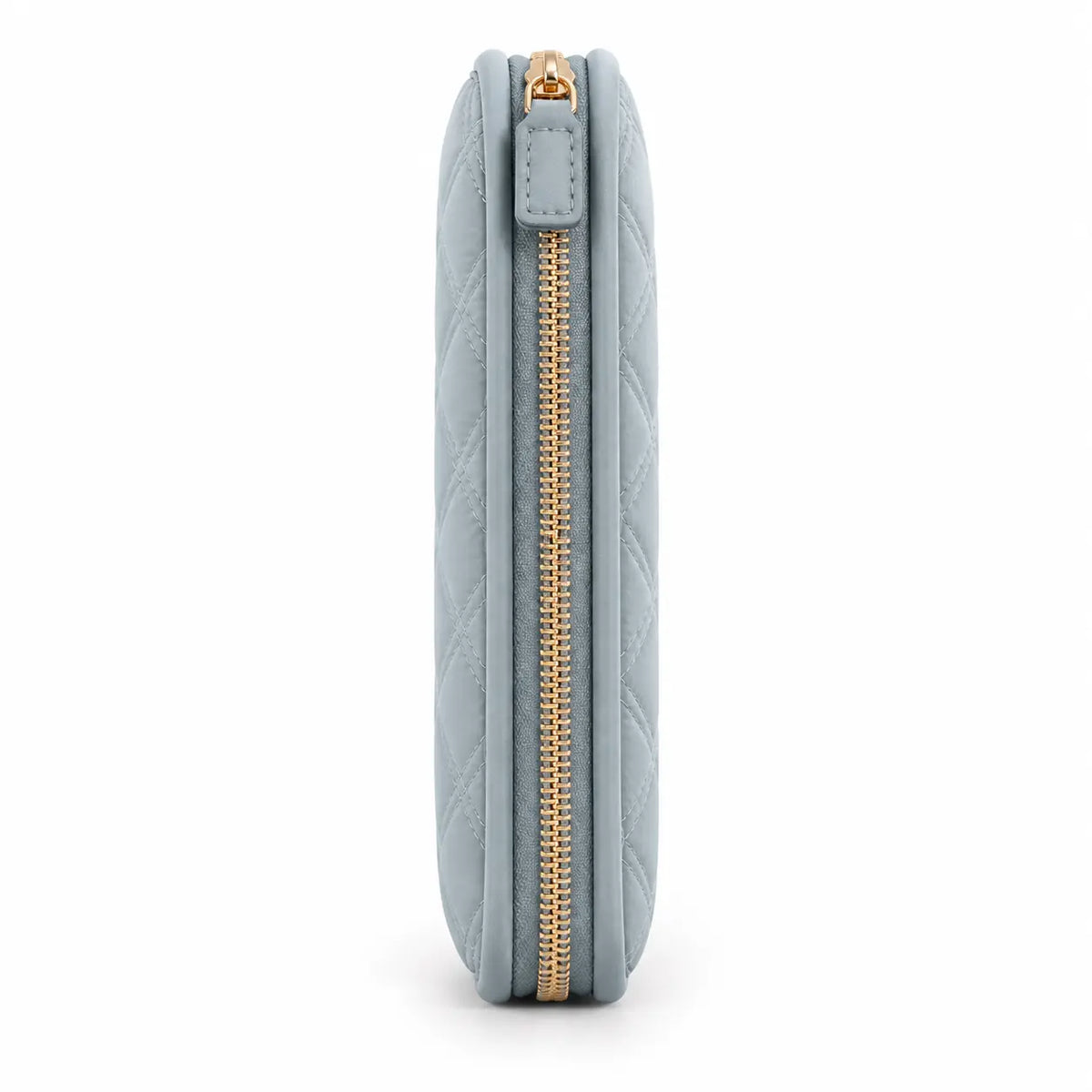 Side view of ZINGCRATER slim quilted crochet hook case with gold zipper and padded design