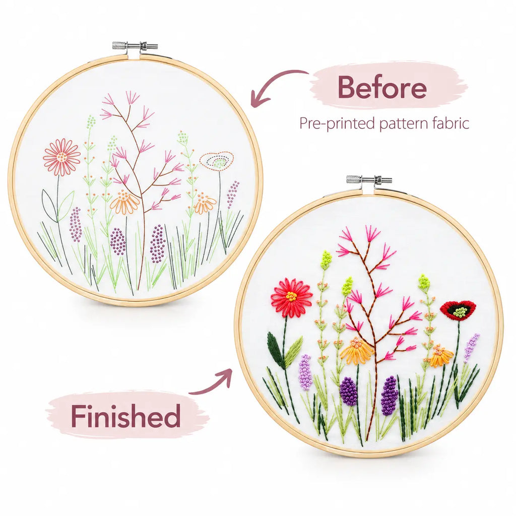 ZINGCRATER stamped embroidery kit showing pre-printed floral fabric before stitching and the finished hand embroidery design