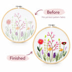 ZINGCRATER stamped embroidery kit showing pre-printed floral fabric before stitching and the finished hand embroidery design