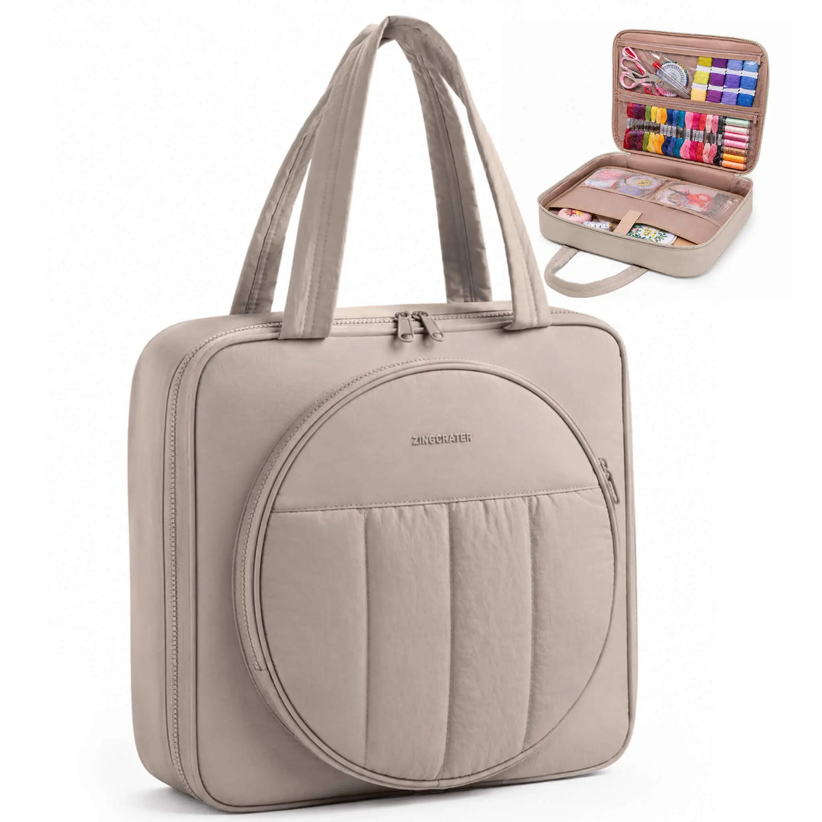 Zingcrater taupe embroidery storage bag with zippered pockets for floss, hoops, and sewing accessories