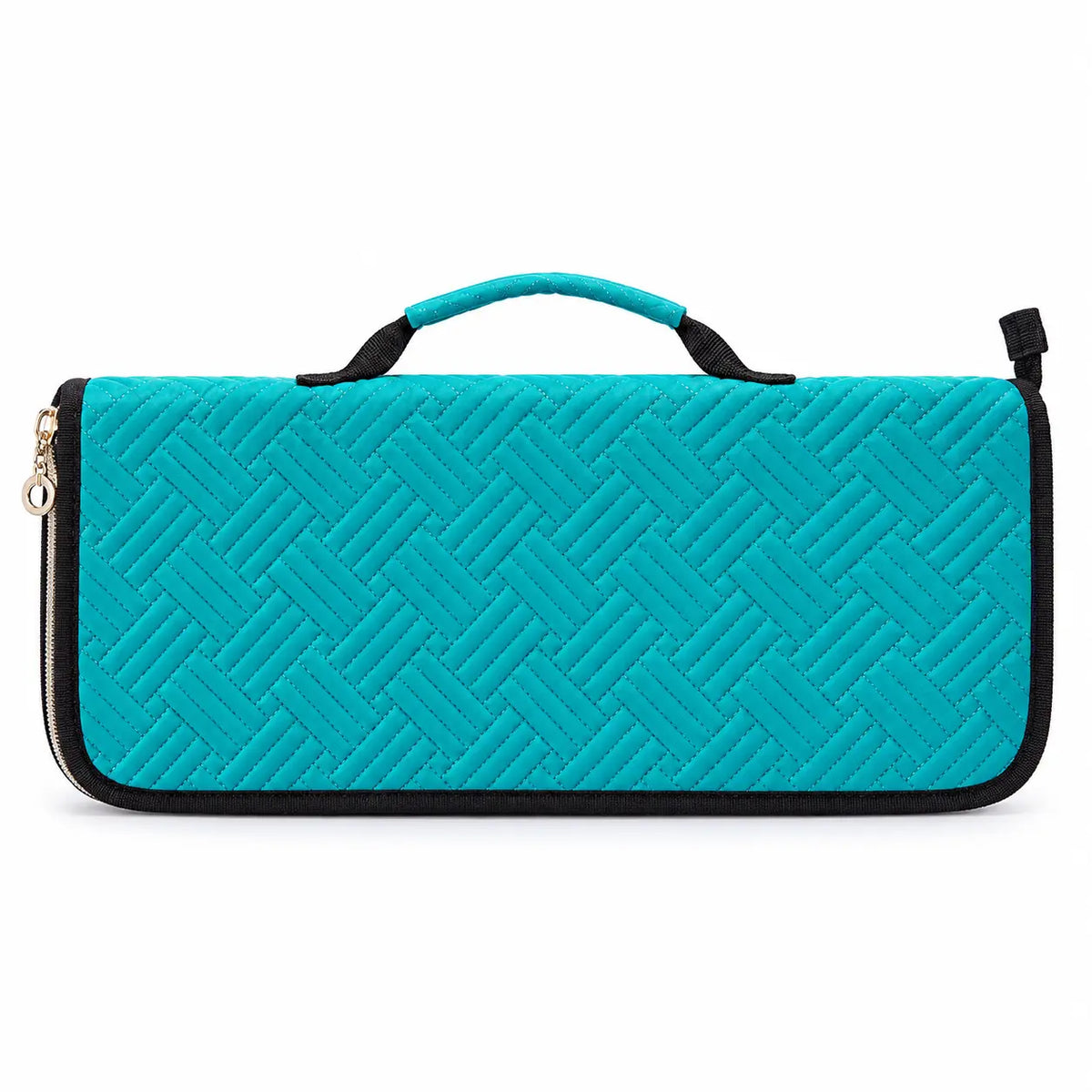 ZINGCRATER teal knitting needle organizer case with quilted exterior, carry handle and zip-around closure