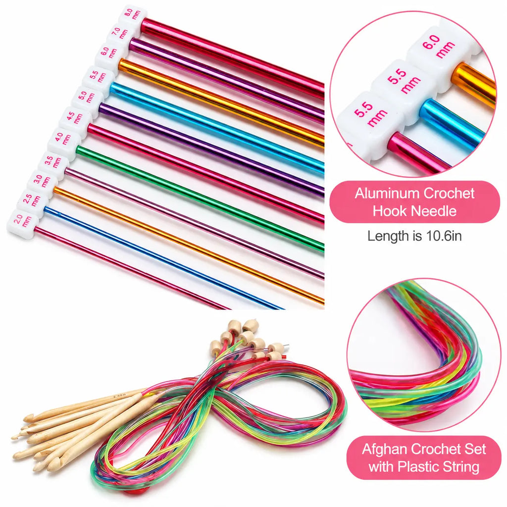 ZINGCRATER Tunisian crochet hook kit with long aluminum hooks and bamboo crochet hooks with flexible plastic cables