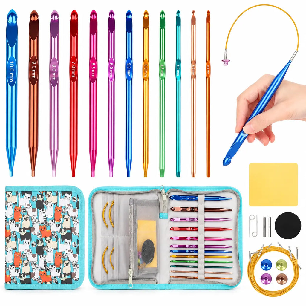ZINGCRATER Tunisian crochet hook set with storage case, 12 colorful hooks, cables, connectors and crochet accessories