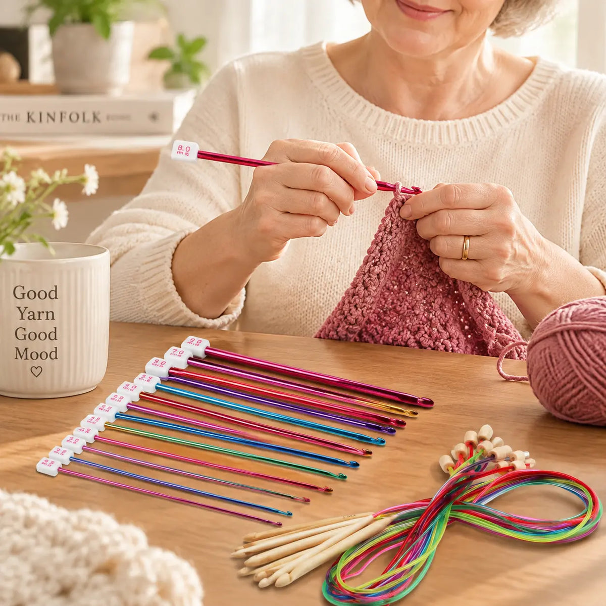ZINGCRATER Tunisian crochet hooks for crocheting, featuring long aluminum hooks and bamboo cable hooks for larger projects