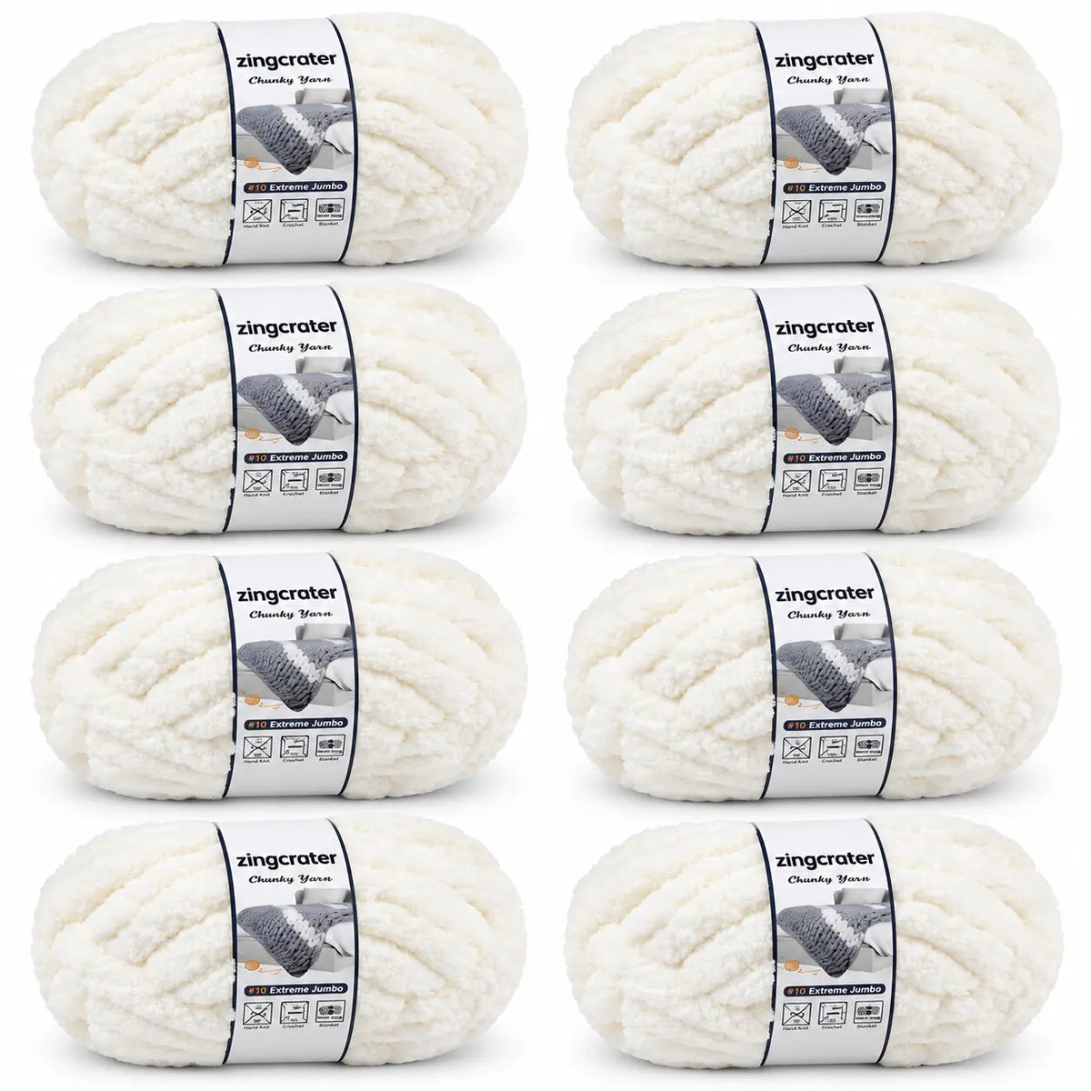 ZINGCRATER white chunky yarn 8-skein pack, #10 extreme jumbo yarn for hand knitting, crocheting and blanket projects